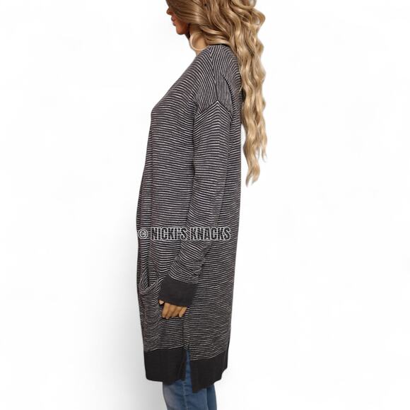Allison Joy Gray White Striped Ottoman Knit Open Front Longline Cardigan Size M - Picture 3 of 7